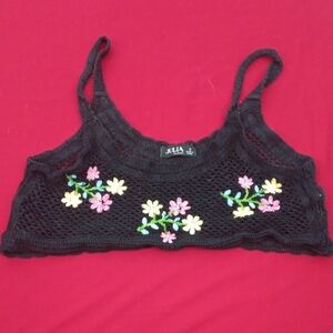 Julia Black Crochet Crop Top with Floral Embroidery